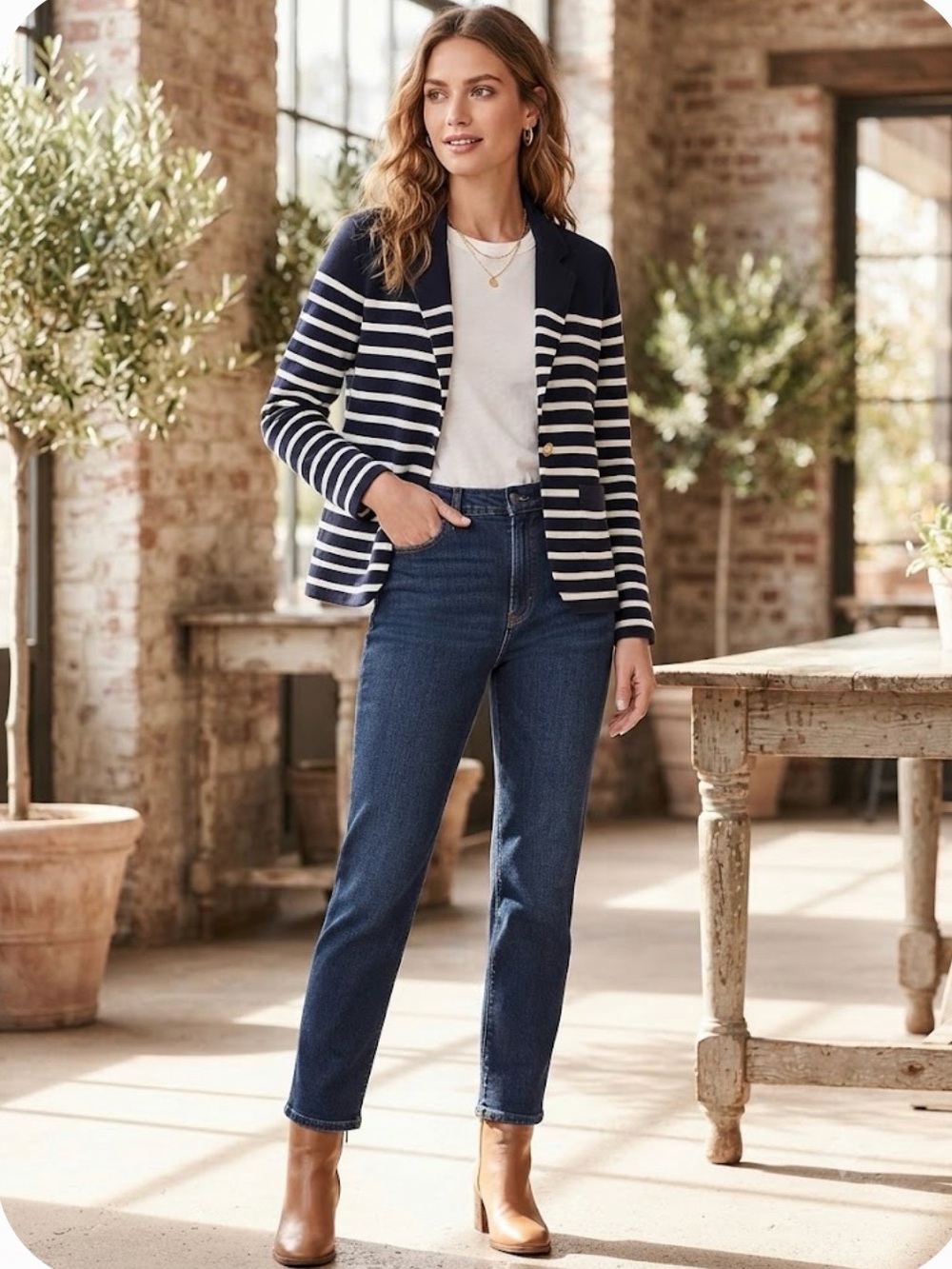J.Crew Navy White Striped Knit Blazer Gold Buttons